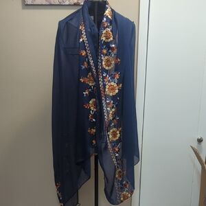 Floral Embroidered Blue Sheer Shawl